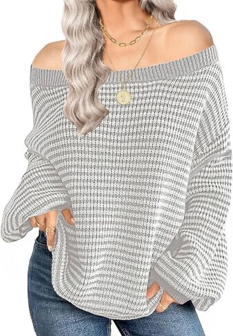 Soesdemo Womens Oversized Sweater Off The Shoulder Crewneck Striped Cute Long Sleeve Knitted Pullover Tunic Sweaters in Saudi Arabia