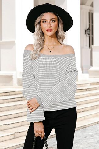 Soesdemo Womens Oversized Sweater Off The Shoulder Crewneck Striped Cute Long Sleeve Knitted Pullover Tunic Sweaters in Saudi Arabia