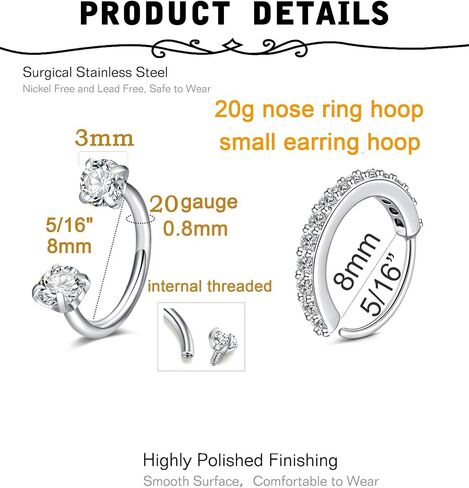 MODRSA Silver Horseshoe Nose Ring 20g Horse Shoe Nose Ring Hoop for Women Surgical Steel Tragus Hoop Cartilage Earring Hoops Helix Piercing Jewelry Double Gem Horseshoe Septum Rings 20 gauge in Saudi Arabia