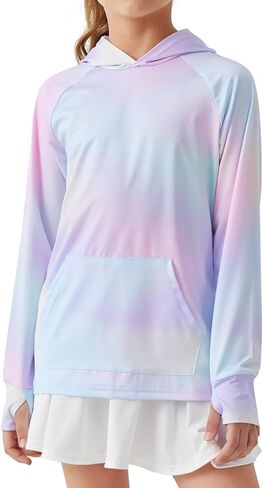Girls Long Sleeve Shirts Thumbholes Kids UPF 50+ Sun Shirt Lightweight Athletic Hoodies with Pocket in Saudi Arabia
