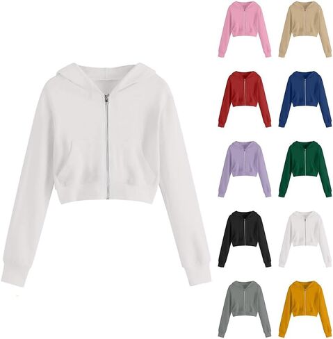 Girls Sweatshirt - Full-Zip Cropped Hoodies, Fleece Cute y2k Aesthetic Clothes, Fall Casual Workout Jackets 5-14 Years in Saudi Arabia