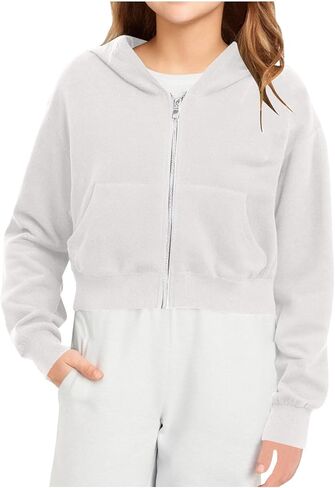Girls Sweatshirt - Full-Zip Cropped Hoodies, Fleece Cute y2k Aesthetic Clothes, Fall Casual Workout Jackets 5-14 Years in Saudi Arabia