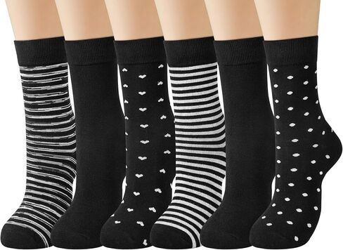6 Pairs Womens Cotton Crew Socks, Casual Soft Calf Dress Socks Heart Striped Pattern in Kuwait