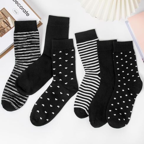 6 Pairs Womens Cotton Crew Socks, Casual Soft Calf Dress Socks Heart Striped Pattern in Kuwait