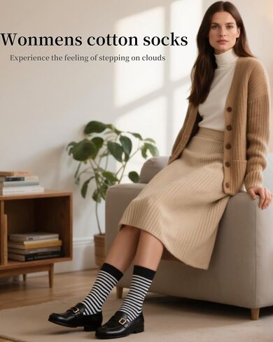 6 Pairs Womens Cotton Crew Socks, Casual Soft Calf Dress Socks Heart Striped Pattern in Kuwait