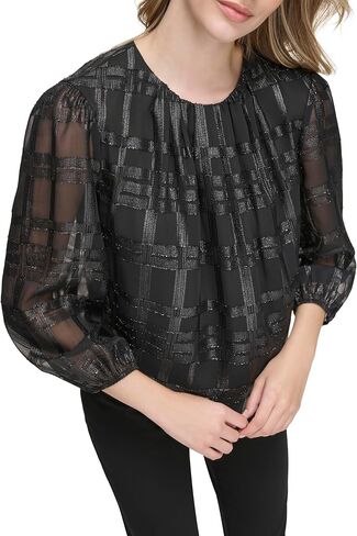 Calvin Klein Women's Long Sleeve Metallic Windowpane Blouse in Saudi Arabia