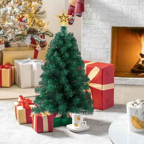3ft Artificial Christmas Tree with Gold Tree Topper Star, Mini Xmas Pine Tree with 4-Leg Stable Plastic Base, Small Tabletop Christmas Decoration for Home Office Holiday Party Indoor Use in Kuwait