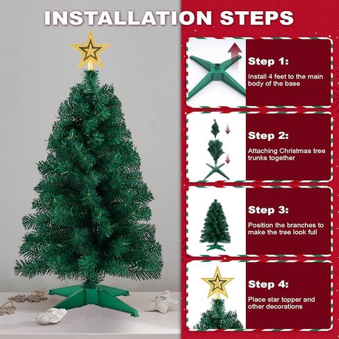 3ft Artificial Christmas Tree with Gold Tree Topper Star, Mini Xmas Pine Tree with 4-Leg Stable Plastic Base, Small Tabletop Christmas Decoration for Home Office Holiday Party Indoor Use in Kuwait
