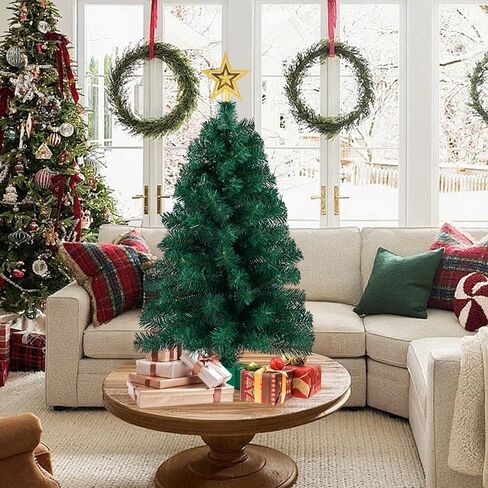 3ft Artificial Christmas Tree with Gold Tree Topper Star, Mini Xmas Pine Tree with 4-Leg Stable Plastic Base, Small Tabletop Christmas Decoration for Home Office Holiday Party Indoor Use in Kuwait