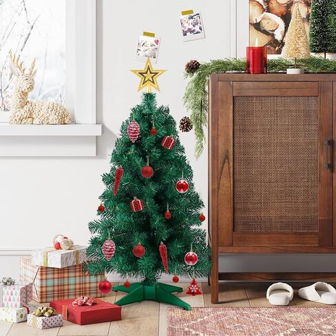 3ft Artificial Christmas Tree with Gold Tree Topper Star, Mini Xmas Pine Tree with 4-Leg Stable Plastic Base, Small Tabletop Christmas Decoration for Home Office Holiday Party Indoor Use in Kuwait