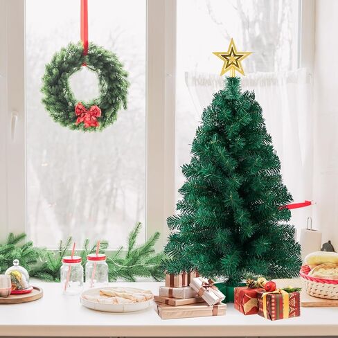 3ft Artificial Christmas Tree with Gold Tree Topper Star, Mini Xmas Pine Tree with 4-Leg Stable Plastic Base, Small Tabletop Christmas Decoration for Home Office Holiday Party Indoor Use in Kuwait