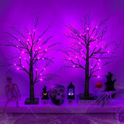Halloween Decorations Indoor 2 Pack 24 Inch Black Halloween Tree with 48 Orange & Purple Lights, USB or Battery Operated Halloween Table Decorations Lighted Tabletop Spooky Tree Home Decor Office in Saudi Arabia