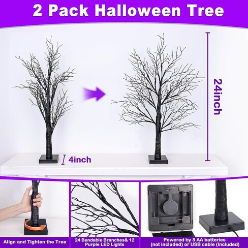 Halloween Decorations Indoor 2 Pack 24 Inch Black Halloween Tree with 48 Orange & Purple Lights, USB or Battery Operated Halloween Table Decorations Lighted Tabletop Spooky Tree Home Decor Office in Saudi Arabia