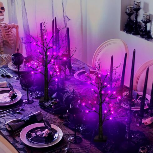 Halloween Decorations Indoor 2 Pack 24 Inch Black Halloween Tree with 48 Orange & Purple Lights, USB or Battery Operated Halloween Table Decorations Lighted Tabletop Spooky Tree Home Decor Office in Saudi Arabia