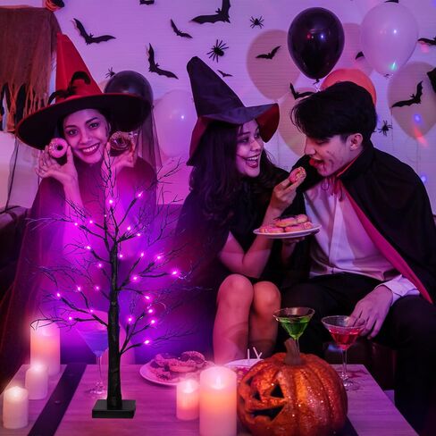 Halloween Decorations Indoor 2 Pack 24 Inch Black Halloween Tree with 48 Orange & Purple Lights, USB or Battery Operated Halloween Table Decorations Lighted Tabletop Spooky Tree Home Decor Office in Saudi Arabia