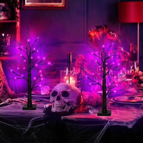 Halloween Decorations Indoor 2 Pack 24 Inch Black Halloween Tree with 48 Orange & Purple Lights, USB or Battery Operated Halloween Table Decorations Lighted Tabletop Spooky Tree Home Decor Office in Saudi Arabia
