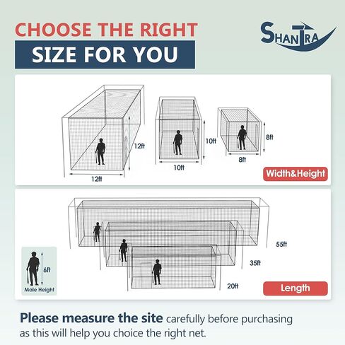شانترا شبكة قفص الضرب، 55'L/35'L/20'L، شبكة قفص البيسبول والكرة اللينة مغلقة بالكامل - الشبكة فقط - لا تشمل الأعمدة والإطار - شبكة قفص الضرب من البولي إيثيلين مع باب، وشباك الضرب للفناء الخلفي للبيسبول in Kuwait