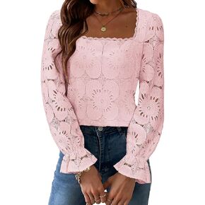 Blouses for Women Dressy Casual Eyelet Square Neck Long Sleeve Embroidered Lace Crochet Boho Tops Fall Fashion 2025 in Saudi Arabia