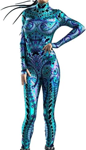 Womens Full Body Blue Psychedelic Jumpsuit Long Sleeve High Neck Stretch Bodysuit for Rave Clubwear Halloween Cosplay in Saudi Arabia