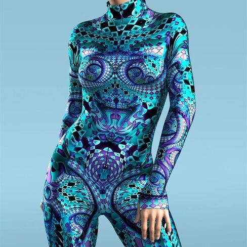 Womens Full Body Blue Psychedelic Jumpsuit Long Sleeve High Neck Stretch Bodysuit for Rave Clubwear Halloween Cosplay in Saudi Arabia