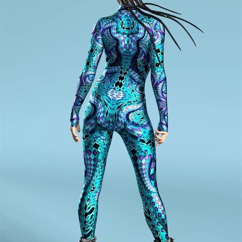 Womens Full Body Blue Psychedelic Jumpsuit Long Sleeve High Neck Stretch Bodysuit for Rave Clubwear Halloween Cosplay in Saudi Arabia
