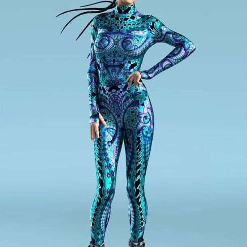 Womens Full Body Blue Psychedelic Jumpsuit Long Sleeve High Neck Stretch Bodysuit for Rave Clubwear Halloween Cosplay in Saudi Arabia