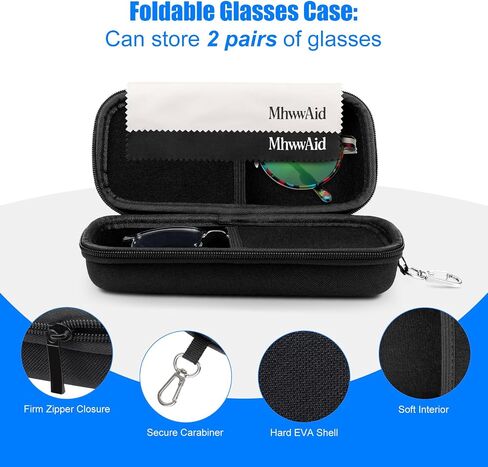Double Glasses Case with Clip Hard Shell & Zipper Closure 2 Cleaning Cloths & 1 Mini Screwdriver 7.7x3.5x2.4 inch in Saudi Arabia