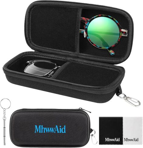 Double Glasses Case with Clip Hard Shell & Zipper Closure 2 Cleaning Cloths & 1 Mini Screwdriver 7.7x3.5x2.4 inch in Saudi Arabia