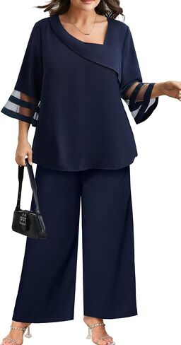 AOVDE Plus Size Pant Suits 2 Piece Casual Dressy Pantsuits Mesh Panel Bell Sleeve Outfits for Women Evening Dinner Party in Saudi Arabia