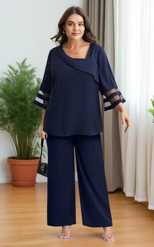 AOVDE Plus Size Pant Suits 2 Piece Casual Dressy Pantsuits Mesh Panel Bell Sleeve Outfits for Women Evening Dinner Party in Saudi Arabia