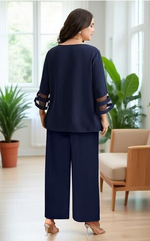 AOVDE Plus Size Pant Suits 2 Piece Casual Dressy Pantsuits Mesh Panel Bell Sleeve Outfits for Women Evening Dinner Party in Saudi Arabia