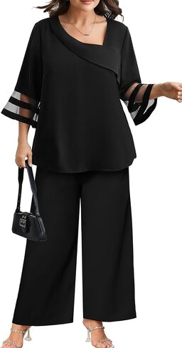 AOVDE Plus Size Pant Suits 2 Piece Casual Dressy Pantsuits Mesh Panel Bell Sleeve Outfits for Women Evening Dinner Party in Saudi Arabia