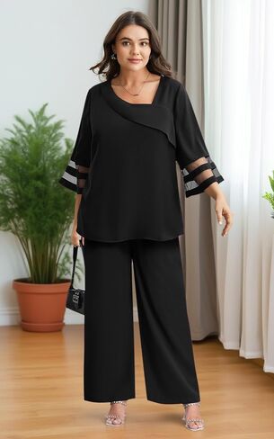 AOVDE Plus Size Pant Suits 2 Piece Casual Dressy Pantsuits Mesh Panel Bell Sleeve Outfits for Women Evening Dinner Party in Saudi Arabia