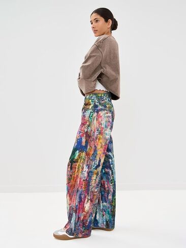 Angsuttc Women’s High Waisted Wide Leg Pants 3D Digital Print Baggy Fit Elastic Waist Y2K Street Style Lounge Pants in Kuwait