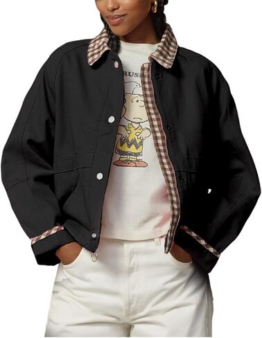 Vaoyiu Women Snap Button Button Denim Jacket Cuffs Worlaid Plaid Twit Throved Trendy Jean Coat with Mobicets Spring Autumn Wear in Kuwait