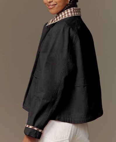 Vaoyiu Women Snap Button Button Denim Jacket Cuffs Worlaid Plaid Twit Throved Trendy Jean Coat with Mobicets Spring Autumn Wear in Kuwait