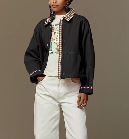 Vaoyiu Women Snap Button Button Denim Jacket Cuffs Worlaid Plaid Twit Throved Trendy Jean Coat with Mobicets Spring Autumn Wear in Kuwait