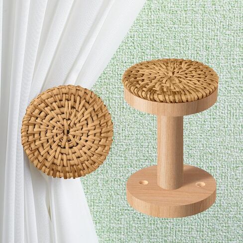 Leinuosen Boho Curtain Holdbacks Rattan Tiebacks Pack of 2 Curtain Holdbacks for Curtains Wall Mounted Wooden Drapery Hook for Door Window Treatment Sheer and Blackout Panels(Round) in Saudi Arabia