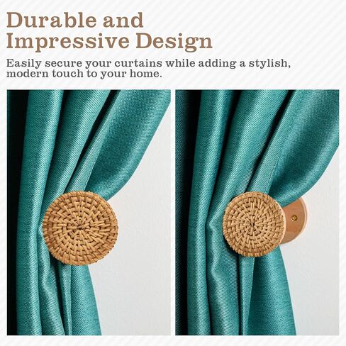 Leinuosen Boho Curtain Holdbacks Rattan Tiebacks Pack of 2 Curtain Holdbacks for Curtains Wall Mounted Wooden Drapery Hook for Door Window Treatment Sheer and Blackout Panels(Round) in Saudi Arabia