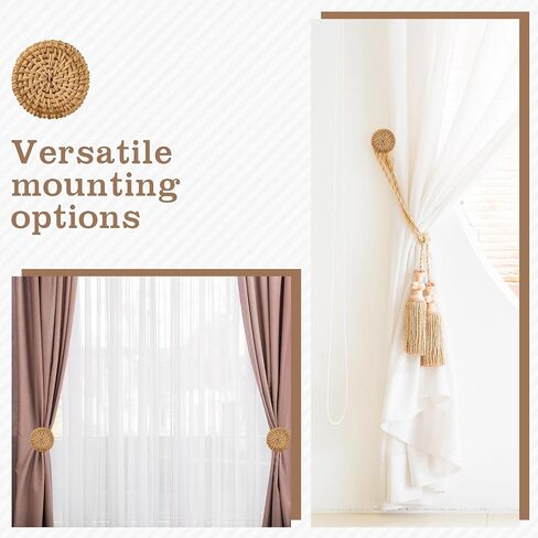 Leinuosen Boho Curtain Holdbacks Rattan Tiebacks Pack of 2 Curtain Holdbacks for Curtains Wall Mounted Wooden Drapery Hook for Door Window Treatment Sheer and Blackout Panels(Round) in Saudi Arabia