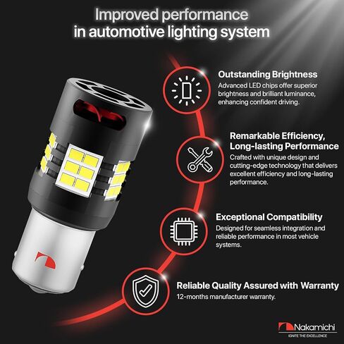 Nakamichi 1157 7528 P21/5W BAY15D Car LED Bulb Super Bright 30-SMD 3020 Chip with Canbus Error-Free 12,000 RPM Fan for Brake Turn Signal Indicator Parking Tail Light (Xenon White, 30 LEDs, Pack of 2) in Saudi Arabia