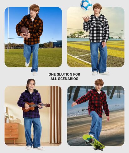 ZITY Boys Flannel Jacket Sherpa Lined Hoodies Zip Up Fleece Plaid Shirt Unisex Winter Coat Kids Outerwear 6-15 Years in Saudi Arabia