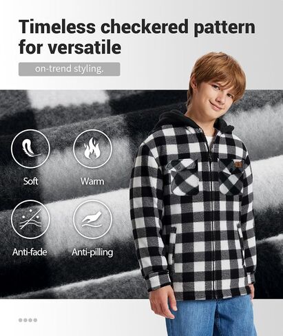ZITY Boys Flannel Jacket Sherpa Lined Hoodies Zip Up Fleece Plaid Shirt Unisex Winter Coat Kids Outerwear 6-15 Years in Saudi Arabia