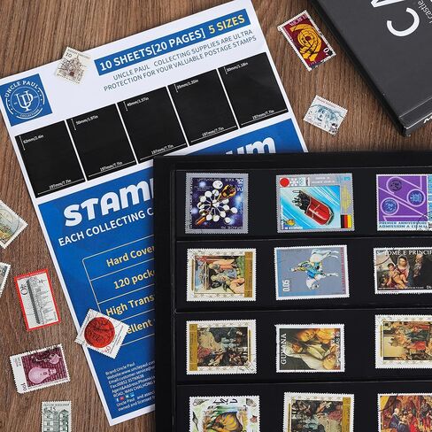 120 Pockets Stamp Album - Mixed Sizes Double-side Pages Artificial Leather Postage Stamp Holder Storage Book for Currency Banknotes Paper Folding Money Bills Documents Collection Black AS03MX1BK in Saudi Arabia