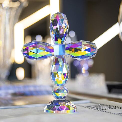QFkris Crystal Cross Traditional Standing Cross On Base Clear 5'' Tall Glass Tabletop Cross Figurine Christian Decor in Kuwait