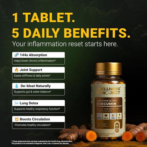 مشروع العافية [TWP الكركمين مع Curcuwin Ultra+ 250mg | يدعم صحة المفصل والعضلات والرئة | للتنقل والانتعاش | للنساء والرجال | إمداد شهرين - 60 قرصًا (حزمة 2) in Kuwait