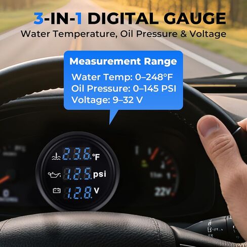 3 in 1 Gauge Kit 52mm Digital Oil Pressure Gauge, Water Temperature Gauge, Voltmeter for Car Truck Boat RV Motorcycle, Automotive Gauge Kit with Oil Pressure Sensor, Universal 12V (RED3) in Saudi Arabia