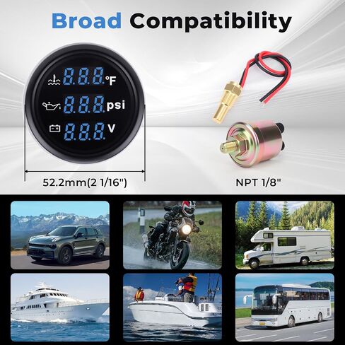 3 in 1 Gauge Kit 52mm Digital Oil Pressure Gauge, Water Temperature Gauge, Voltmeter for Car Truck Boat RV Motorcycle, Automotive Gauge Kit with Oil Pressure Sensor, Universal 12V (RED3) in Saudi Arabia