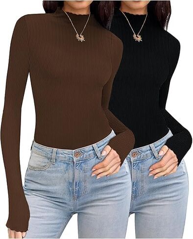 قميص Elesol turtleneck النساء الكشكش مضلعة الأكمام الطويلة. in Kuwait