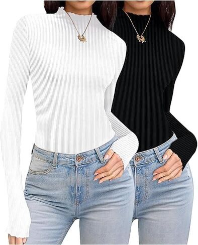 قميص Elesol turtleneck النساء الكشكش مضلعة الأكمام الطويلة. in Kuwait